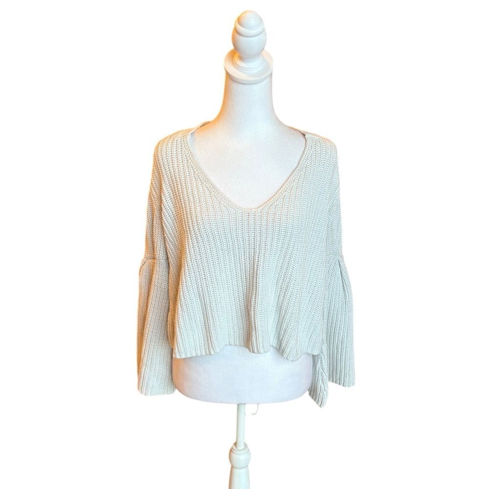 Free People Damsel Boxy Cream Chunky Knit Sweater Bell Sleeve Womens Small